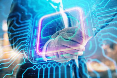 El sıkışma ile şehir görünümü arka plan çizim insan beyninin çift pozlama. Beyin fırtınası kavramı