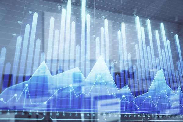 Gráfico do mercado de ações com mesa de negociação escritório do banco interior em segundo plano. Dupla exposição. Conceito de análise financeira — Fotografia de Stock