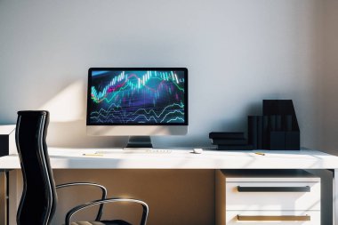 Bilgisayar ekranında finansal grafikler ve grafikler ile kabine masaüstü iç. Hisse senedi piyasası analizi ve ticaret kavramı. 3B işleme.
