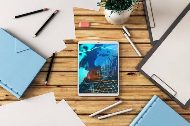 Dijital tablet çekim üst görünümü ile mali grafik ve kısmi Dünya Haritası ekranda. Online uluslararası ticaret uygulama kavramı. 3B işleme.