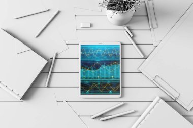 Dijital tablet ekranda mali grafik ile üst görünüm çekim. Online işlem uygulama konsepti. 3B işleme.