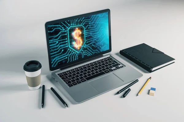Laptop closeup with business theme drawing on computer screen. 3d rendering.