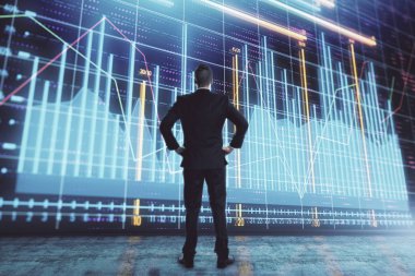 İşadamı ve forex grafik hologramı. Çifte pozlama. Finansal eğitim ve analiz kavramı