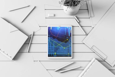 Dijital tablet ekranda mali grafik ile üst görünüm çekim. Online işlem uygulama konsepti. 3B işleme.