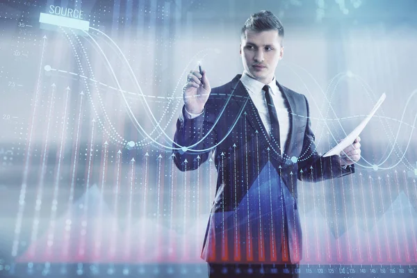 Businessman and forex graph hologram. Double exposure. Concept of financial education and analysis