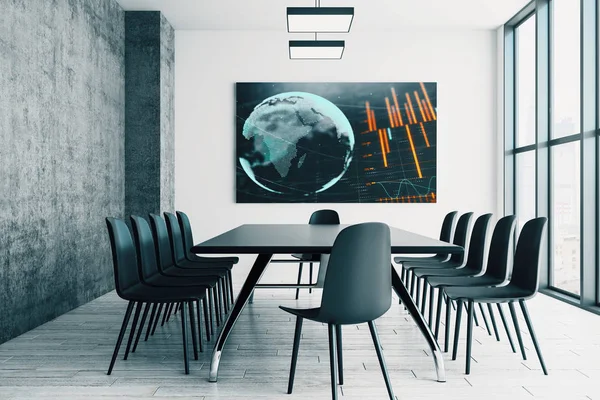 Interior de la sala de conferencias con carta financiera y mapa del mundo en el monitor de pantalla en la pared. Concepto de análisis bursátil. renderizado 3d . — Foto de Stock