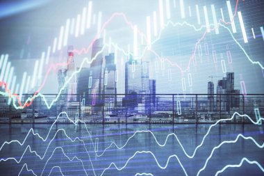 Çatı arka planda şehir görünümü ile Forex grafik hologram. Çift pozlama. Hisse senedi piyasası konsepti.