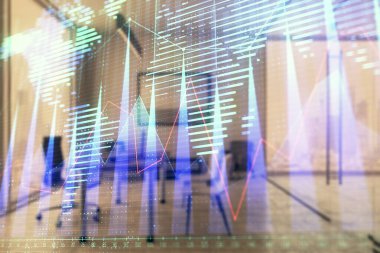 Harita ve minimalist kabine iç arka plan ile Forex grafik hologram. Çifte pozlama. Uluslararası iş kavramı.