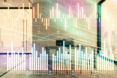Minimalist kabine iç arka plan ile Forex grafik hologram. Çift pozlama. Hisse senedi piyasası konsepti.