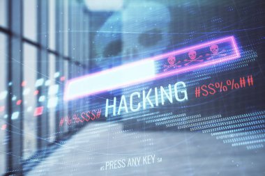 Boş oda iç arka plan üzerinde hack tema çizimleri hologram çift pozlama. Veri güvenliği kavramı.