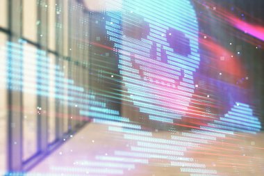 Boş oda iç arka plan üzerinde hack tema çizimleri hologram çift pozlama. Veri güvenliği kavramı.