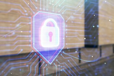 Boş dış arkaplanda ikili kilit hologramı. Veri güvenliği kavramı