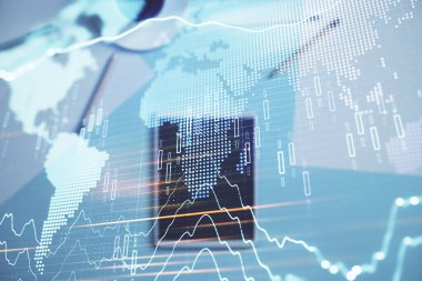 Masa arka planında yer alalı dijital tablette forex grafiği nin ve dünya haritasının çift pozlaması. Piyasa analizi kavramı