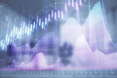 Ticaret masası banka ofisi iç arka planda stok piyasa şeması. Çift pozlama. Finansal analiz konsepti