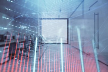 Ticaret masası banka ofisi iç arka planda stok piyasa şeması. Çift pozlama. Finansal analiz konsepti