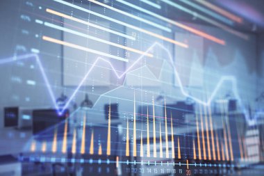 Ticaret masası banka ofisi iç arka planda stok piyasa şeması. Çift pozlama. Finansal analiz konsepti