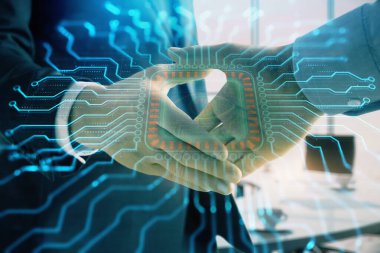 İki erkek el sıkışma ile ofis arka plan üzerinde teknoloji tema hologram Çoklu pozlama. Teknoloji kavramı