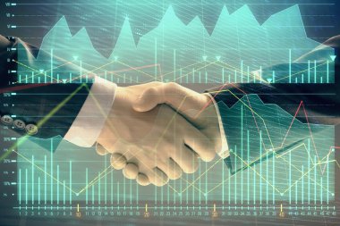 İki işadamı el sıkışması ile soyut arka planda Forex grafik Multi pozlama. Hisse senedi piyasasında başarı kavramı