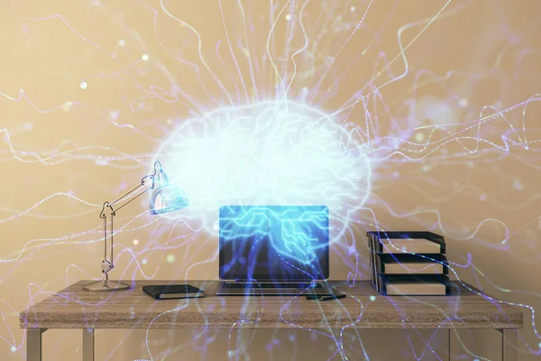 Mózg szkic hologram z pulpitu biurowego tła. Podwójna ekspozycja. Koncepcja burzy mózgów. — Zdjęcie stockowe