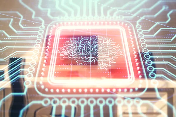 Masaüstü ofis arka plan ile beyin kroki hologramı. Çifte pozlama. Beyin fırtınası konsepti.