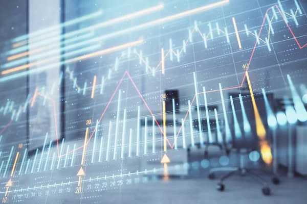 Ticaret masası banka ofisi iç arka planda stok piyasa şeması. Çift pozlama. Finansal analiz konsepti