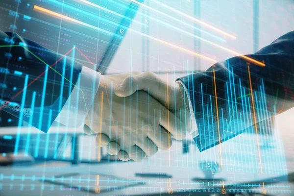 Multi exposure of financial graph on office background with two businessmen handshake. Concept of success in business — Stock Photo, Image