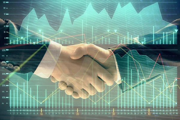 İki işadamı el sıkışması ile soyut arka planda Forex grafik Multi pozlama. Hisse senedi piyasasında başarı kavramı