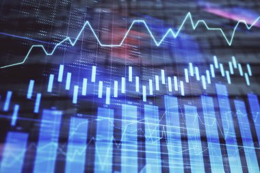 Soyut arka plan ile finansal grafik hologram. Çift pozlama. Piyasa Analizi konsepti