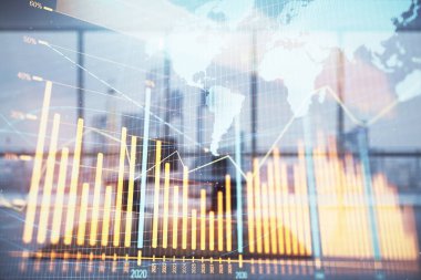 Harita ve minimalist kabine iç arka plan ile Forex grafik hologram. Çifte pozlama. Uluslararası iş kavramı.
