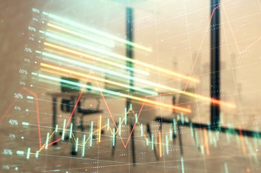 Minimalist kabine iç arka plan ile Forex grafik hologram. Çift pozlama. Hisse senedi piyasası konsepti.