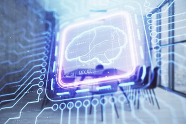 Konferans odasının arka planında beyin çizim hologramının çift ekimaruz ilerlisi. Veri analizi kavramı