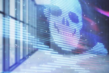 Boş oda iç arka plan üzerinde hack tema çizimleri hologram çift pozlama. Veri güvenliği kavramı.