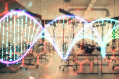 Arka planda ofis iç ile DNA çizim. Çifte pozlama. Eğitim kavramı