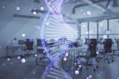 Arka planda ofis iç ile DNA çizim. Çifte pozlama. Eğitim kavramı
