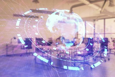 Arka planda ticaret masası banka ofisi iç dünya haritası. Çoklu pozlama. Uluslararası finans kavramı