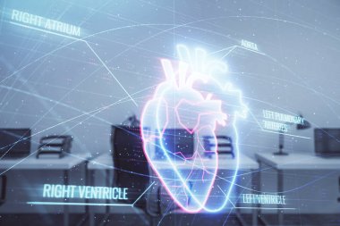 Arka planda ofis iç ile Kalp çizim. Çifte pozlama. Tıp eğitimi kavramı