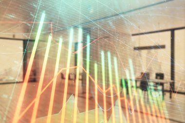 Arka planda ticaret masası banka Ofisi İç ile stok ve tahvil piyasa grafiği. Çok pozlama. Finansal analiz konsepti