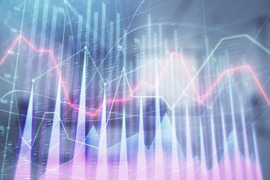 Ticaret masası banka ofisi iç arka planda stok piyasa şeması. Çift pozlama. Finansal analiz konsepti