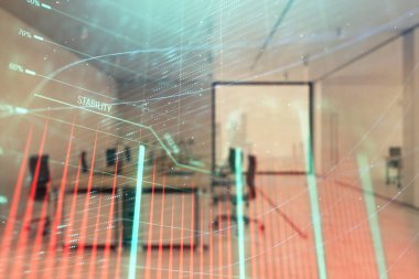 Ticaret masası banka ofisi iç arka planda stok piyasa şeması. Çift pozlama. Finansal analiz konsepti