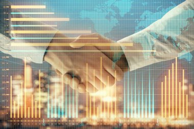 İki işadamı el sıkışması ile Cityscape arka planda mali grafik ve Dünya haritasına çift pozlama. Uluslararası yatırım konsepti