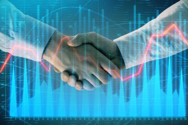 İki işadamı el sıkışması ile soyut arka planda Forex grafik Multi pozlama. Hisse senedi piyasasında başarı kavramı