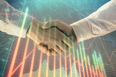 İki işadamı el sıkışması ile soyut arka planda Forex grafik Multi pozlama. Hisse senedi piyasasında başarı kavramı