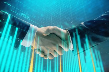 İki işadamı el sıkışması ile soyut arka planda Forex grafik Multi pozlama. Hisse senedi piyasasında başarı kavramı