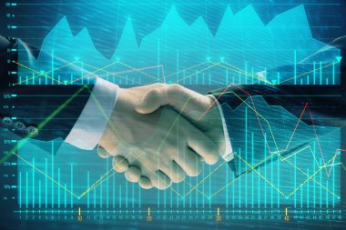 İki işadamı el sıkışması ile soyut arka planda Forex grafik Multi pozlama. Hisse senedi piyasasında başarı kavramı