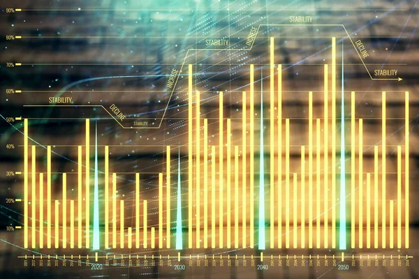 Holograma gráfico financiero con antecedentes abstractos. Doble exposición. Concepto de análisis de mercado —  Fotos de Stock