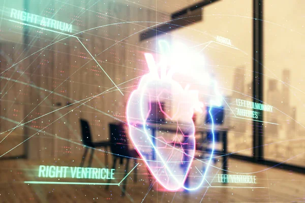 Minimalist dolap iç arka plan ile Kalp hologramı. Çifte pozlama. Tıp eğitimi kavramı.