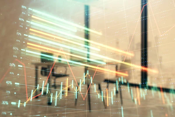 Minimalist kabine iç arka plan ile Forex grafik hologram. Çift pozlama. Hisse senedi piyasası konsepti.