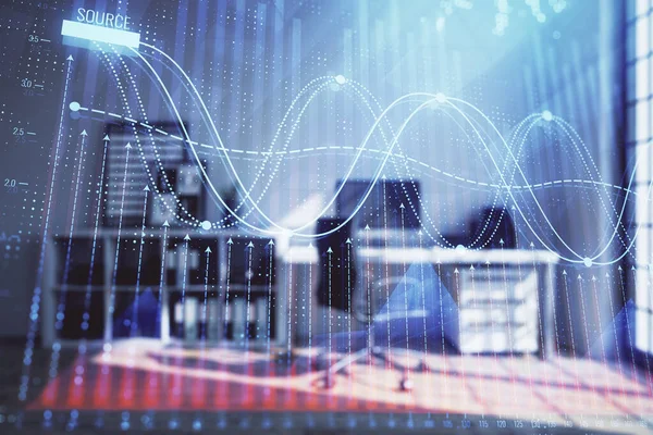 Minimalist kabine iç arka plan ile Forex grafik hologram. Çift pozlama. Hisse senedi piyasası konsepti.