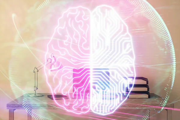 Brain sketch hologram with desktop office background. Double exposure. Brainstorm concept. — Stock Photo, Image