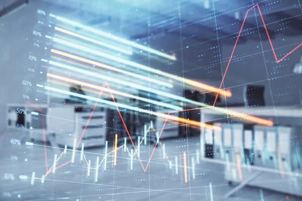 Ticaret masası banka ofisi iç arka planda stok piyasa şeması. Çift pozlama. Finansal analiz konsepti